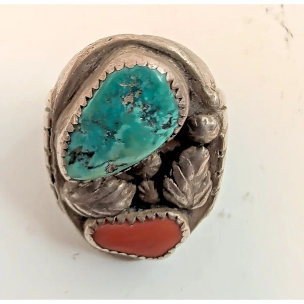 Vintage Heavy Southwestern Sterling Silver 30g Turquoise Coral Leaf Ring Sz 8.75